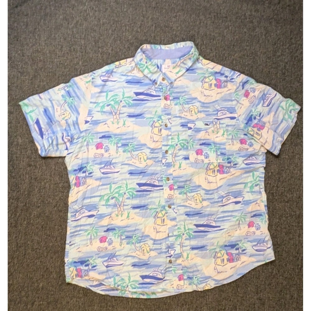 Vineyard Vines Hawaiian Shirt Mens Short Sleeve Button Up Vacation Tee Blue XL